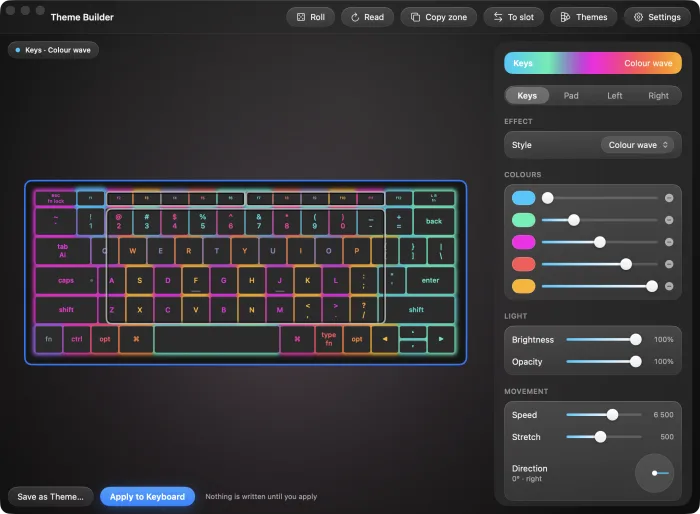 The Theme Builder window: a keyboard drawn with a colour wave, and an inspector with effect, colours, brightness, speed and direction.