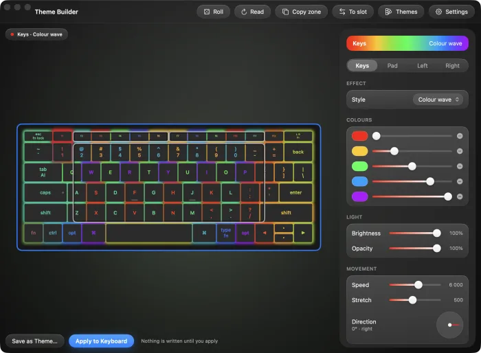 The Theme Builder showing a two-colour wave running across the keys.