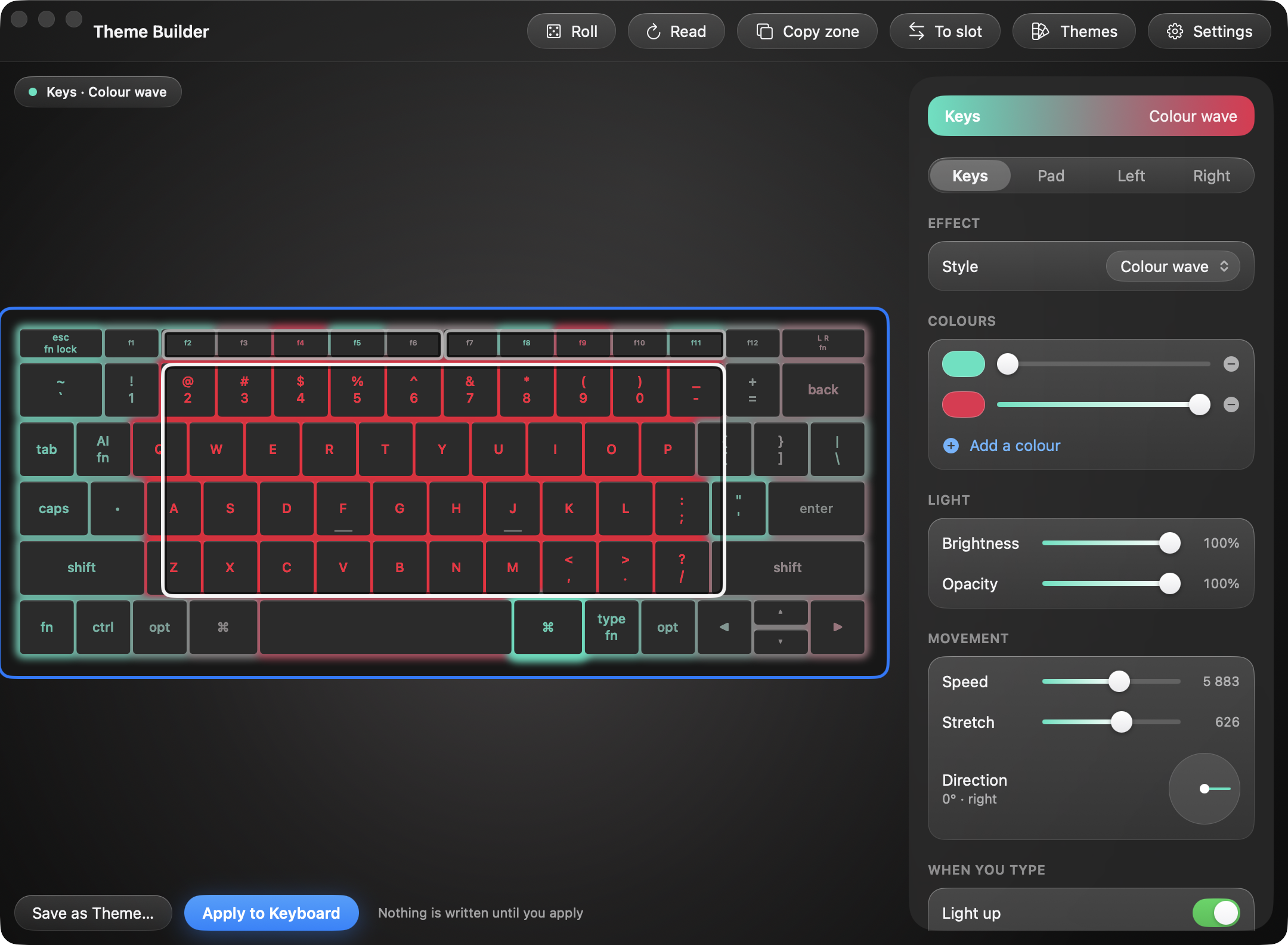 The Theme Builder showing a two-colour wave running across the keys.