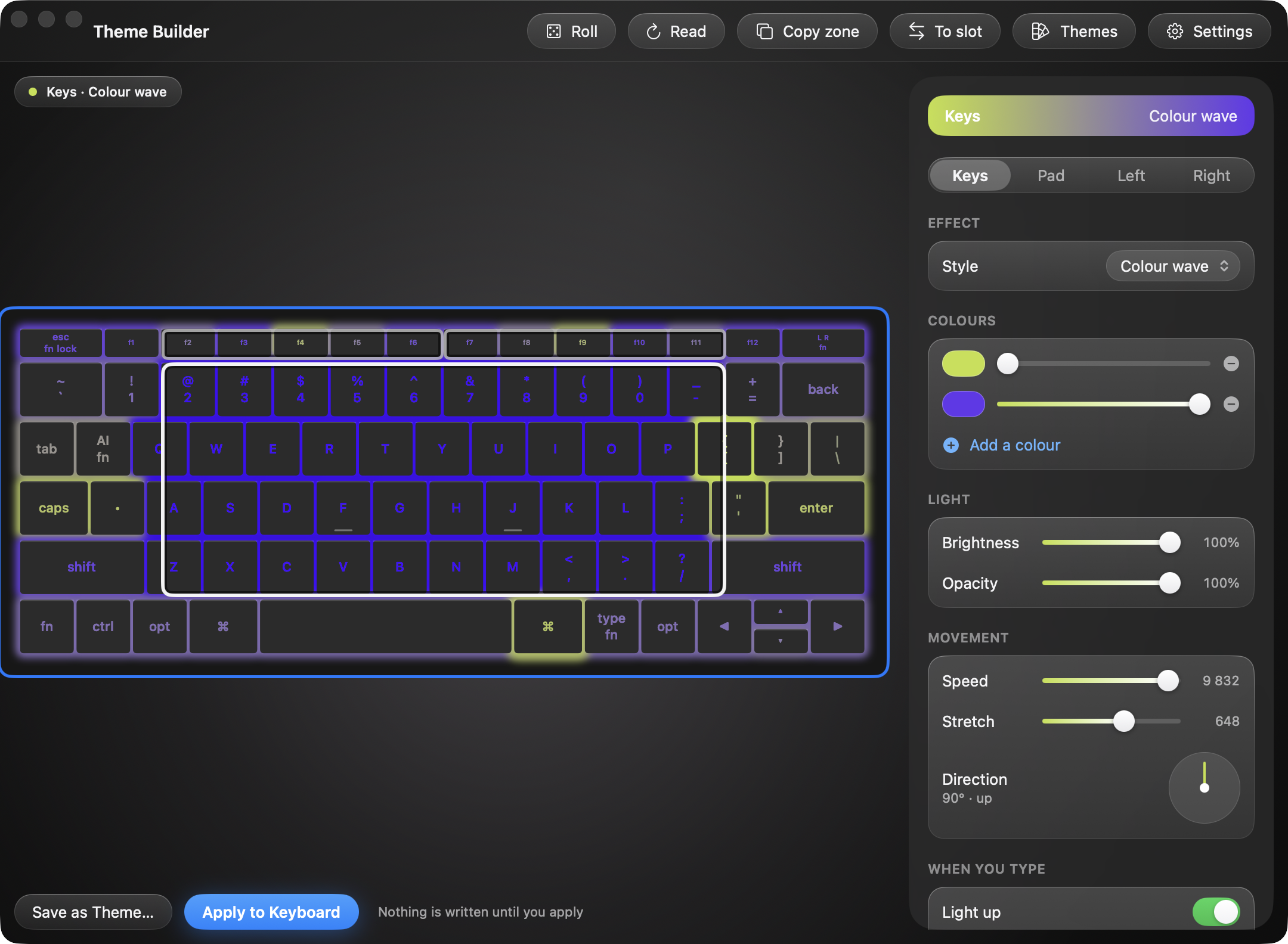 The Theme Builder window: a keyboard drawn with a colour wave, and an inspector with effect, colours, brightness, speed and direction.