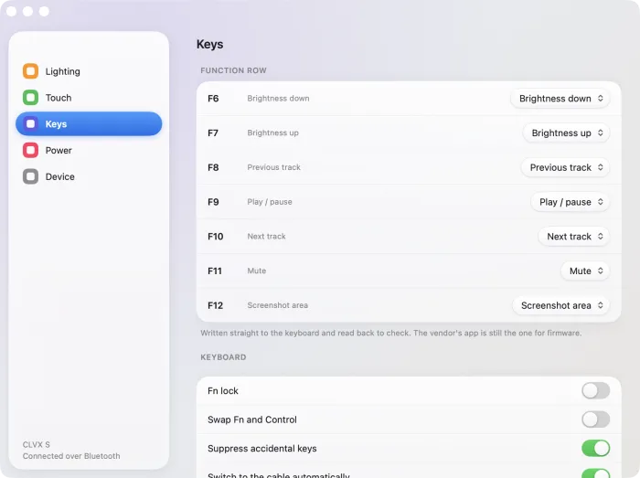 The Settings window's Keys pane, listing F6 to F12 with what each key sends and a picker to change it.