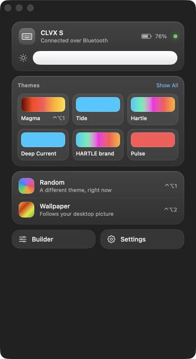 The menu bar panel: the keyboard's name, its battery at 80 per cent, a brightness slider, six theme tiles, and rows for Random and Wallpaper.