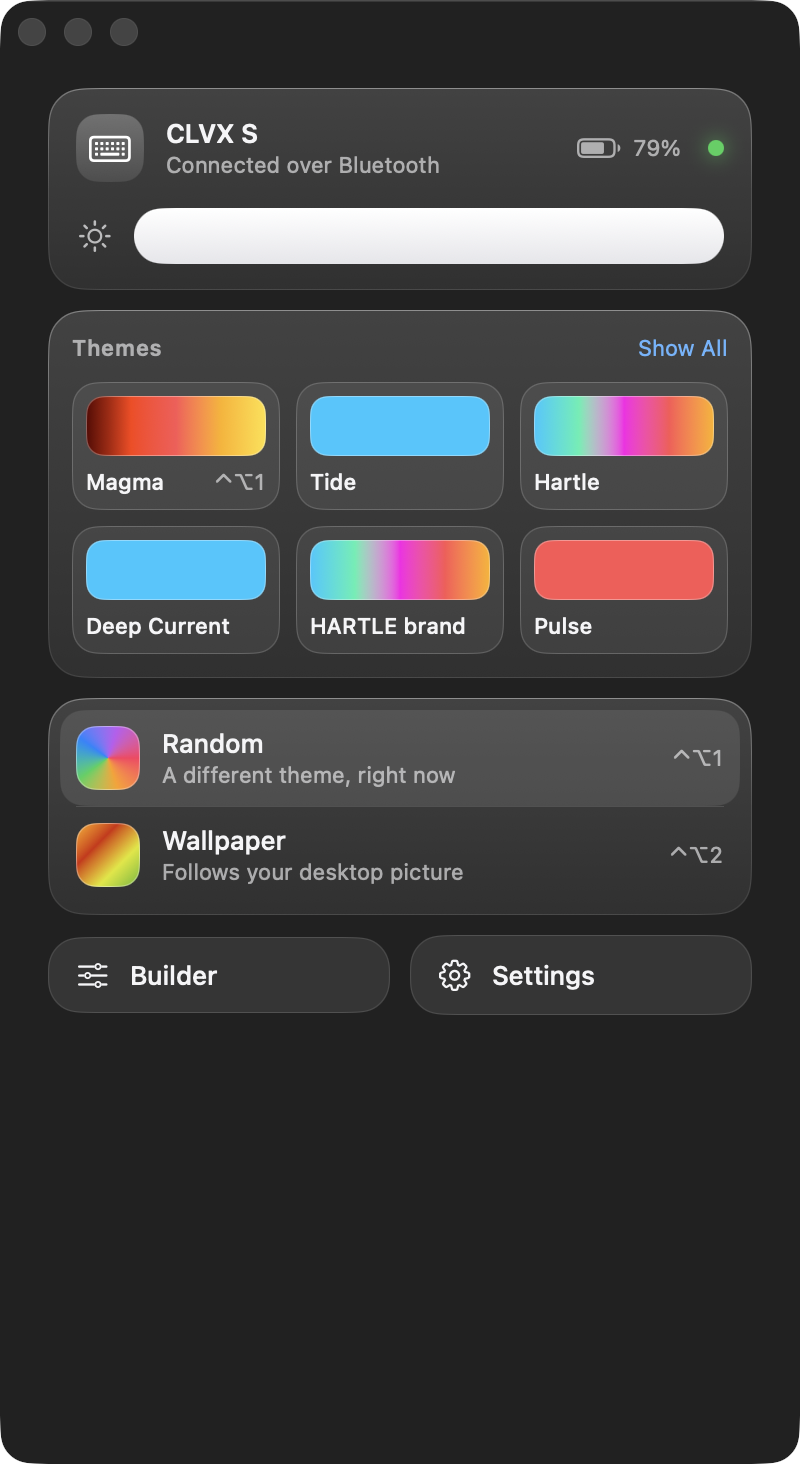 The menu bar panel: the keyboard's name, its battery at 80 per cent, a brightness slider, six theme tiles, and rows for Random and Wallpaper.