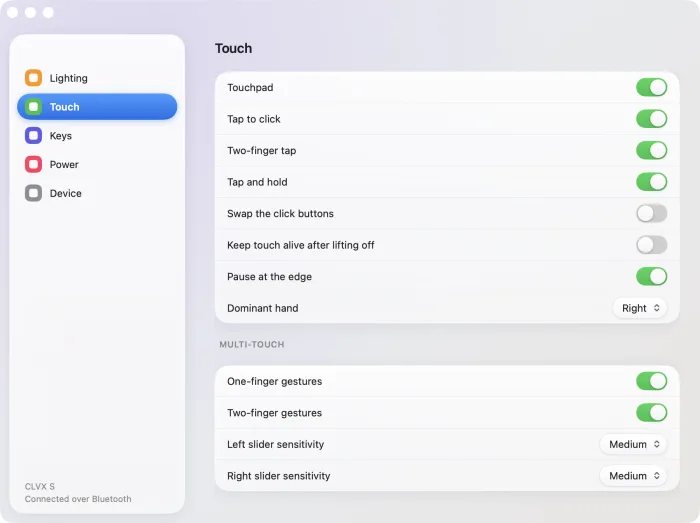 The Settings window with panes for Touch, Keys, Power, Lighting and Device.