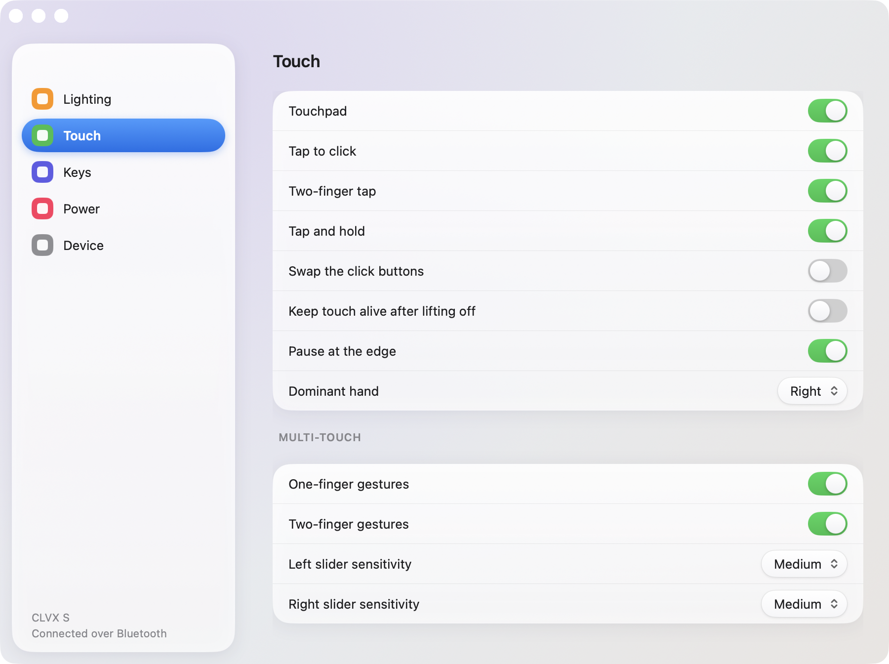 The Settings window with panes for Touch, Keys, Power, Lighting and Device.