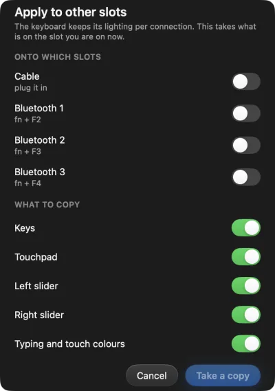 The slot picker: switches for the cable and Bluetooth channels one to three, and for which zones to copy.