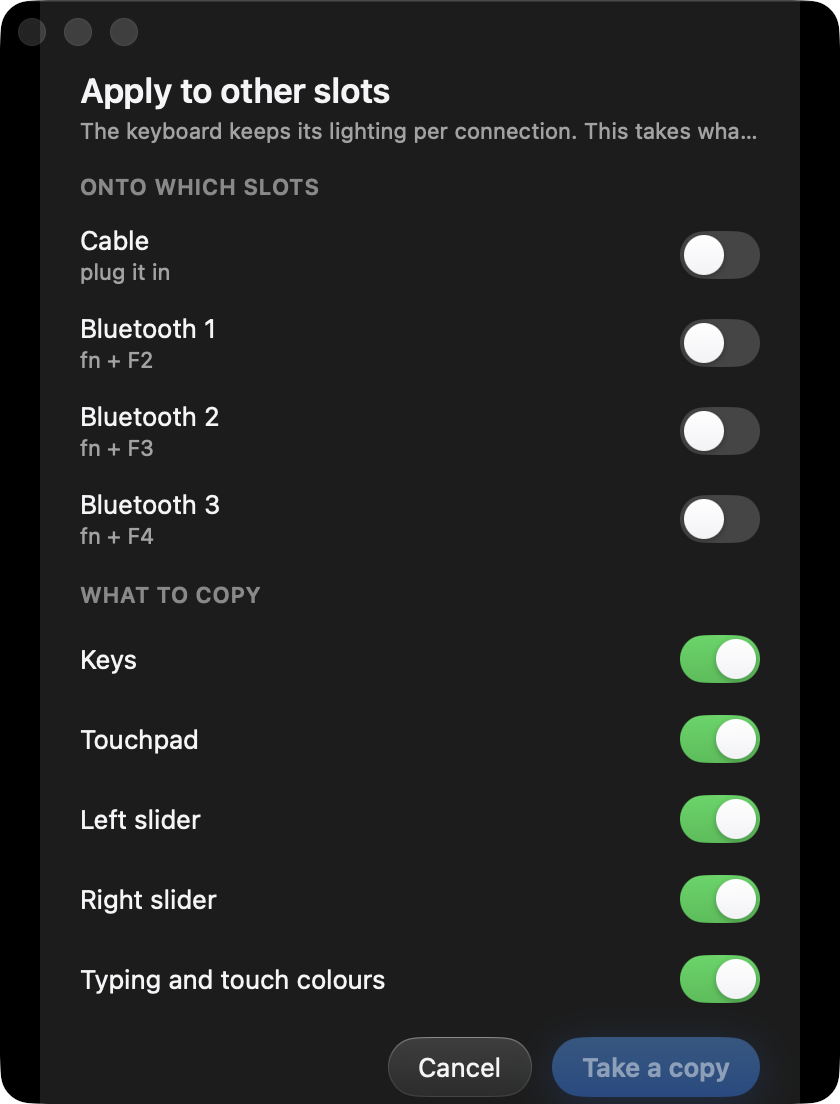 The slot picker: switches for the cable and Bluetooth channels one to three, and for which zones to copy.