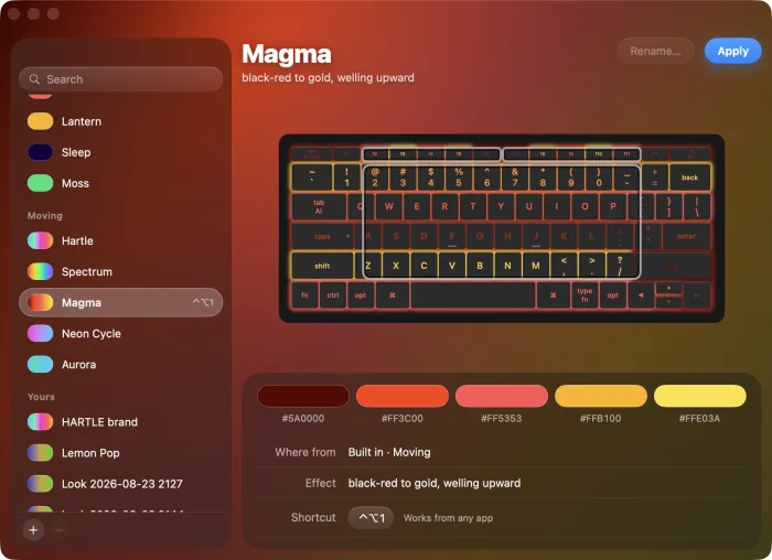 The Themes window: a list of built-in themes on the left, and the keyboard wearing Magma on the right.