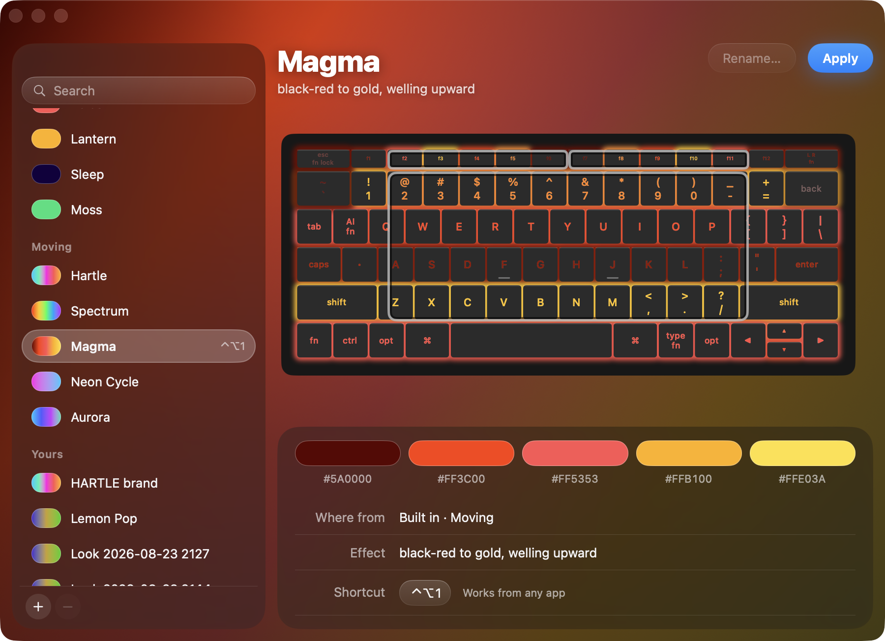 The Themes window: a list of built-in themes on the left, and the keyboard wearing Magma on the right.